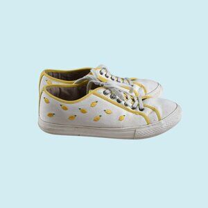 Boden Shoes Women's 10.5 Freya Low Top Sneakers Ecru Embroidered Lemons Lace Up